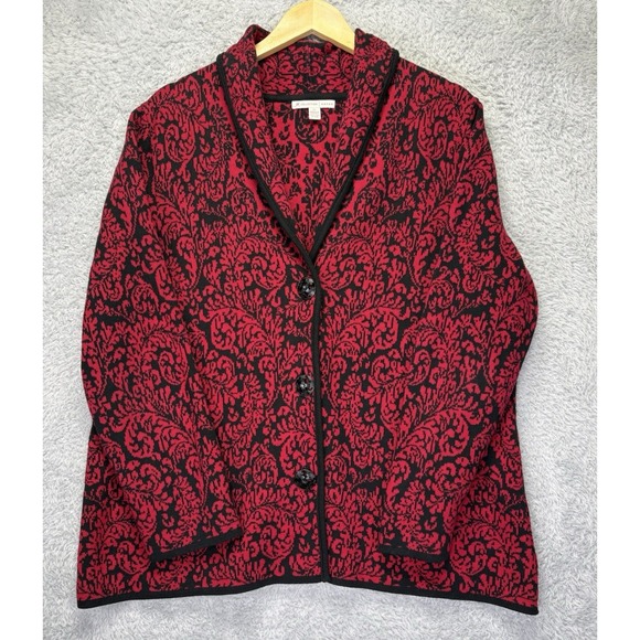 JM Collections Womens 2X Cardigan Sweater Blazer Red Black V Neck Old Money - Picture 5 of 10